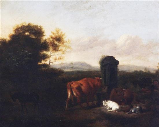 Manner of Paulus Potter Cattle and goats with a shepherd boy beside a spring, 13 x 16in.